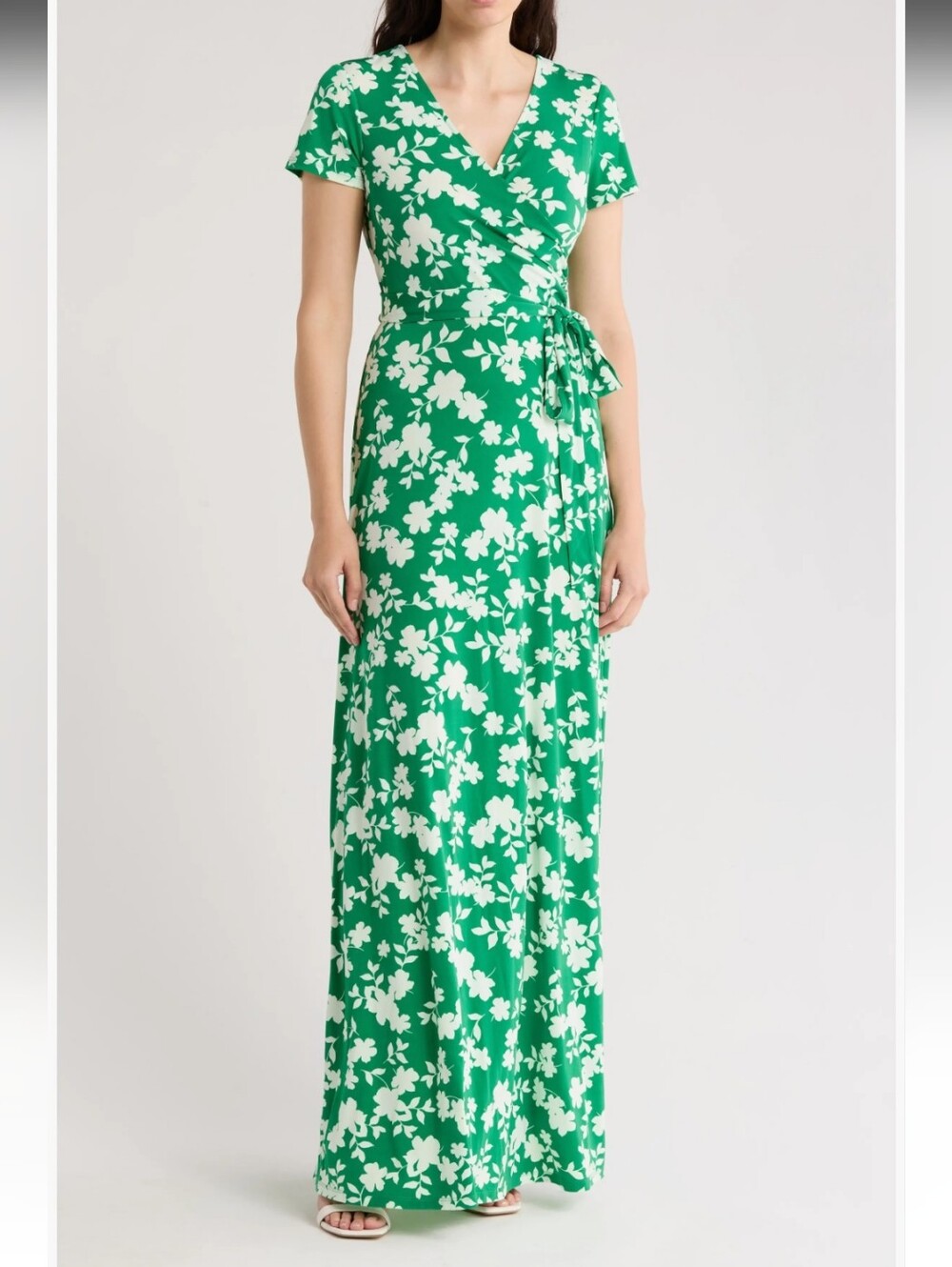Eliza J Green and White Floral Wrap Maxi Dress;Size 4